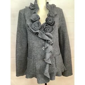 Marisa Christina Gray Ruffled Rose Appliqué Cardigan Sweater
